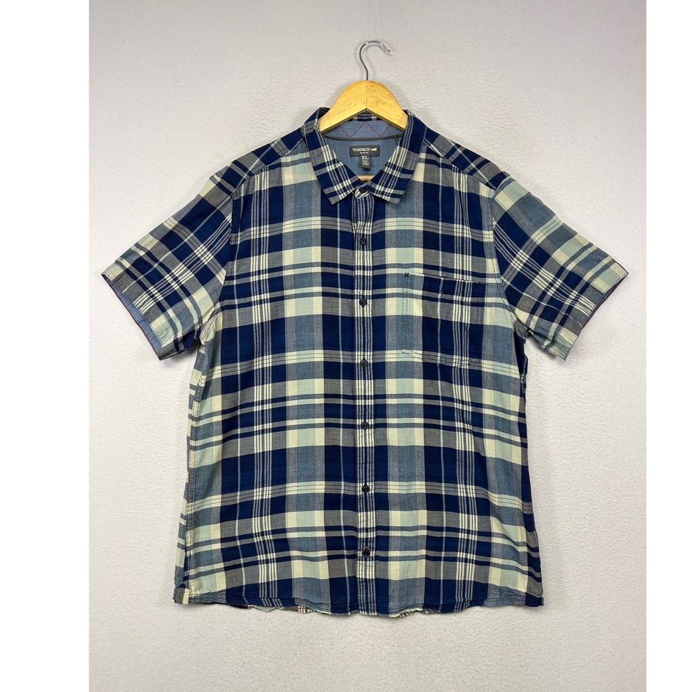 Outdoorsy Toad&Co Mens XL Blue Plaid Organic Cotton Slim Fit Short Sleeve Shirt